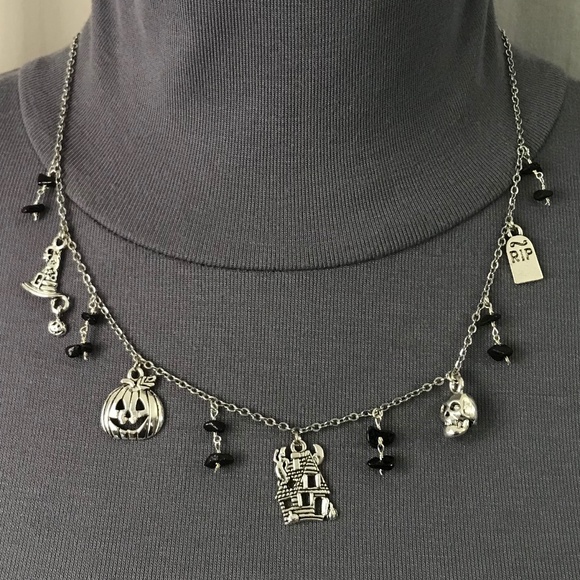 “All Hallows Eve" Handmade Silver Halloween Charm Necklace Haunted House Pumpkin - Picture 2 of 15